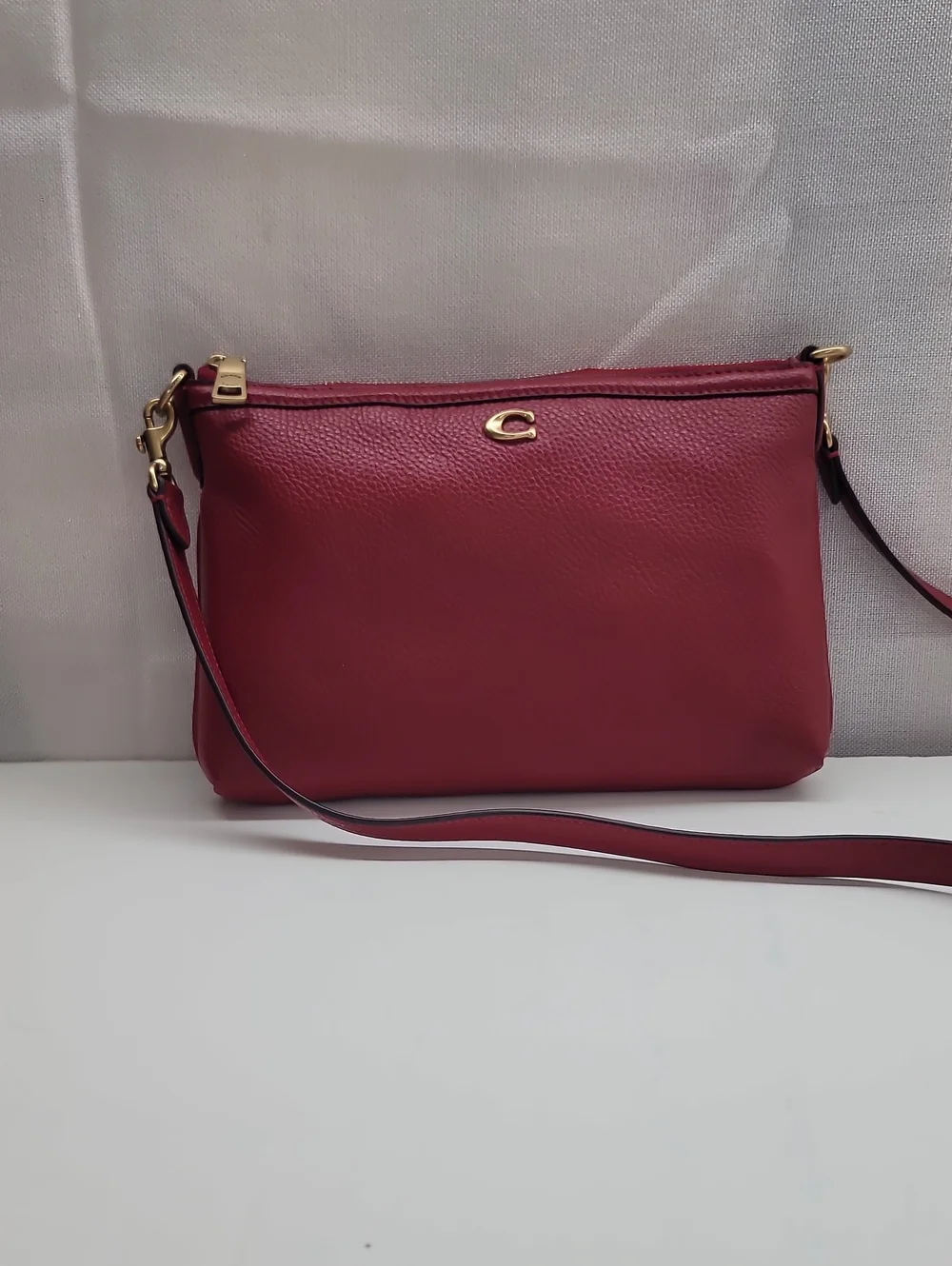 Coach Refined Pebble Leather Legacy Zip Top Crossbody In Red